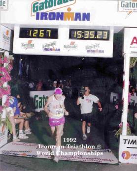 Charlie crossing 1992 Gatorade IronMan Finish line