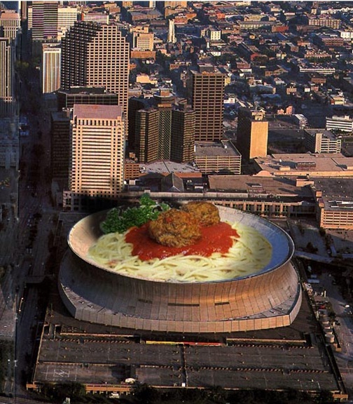 Giant plate of spaghetti and meatballs (size of a city block!)